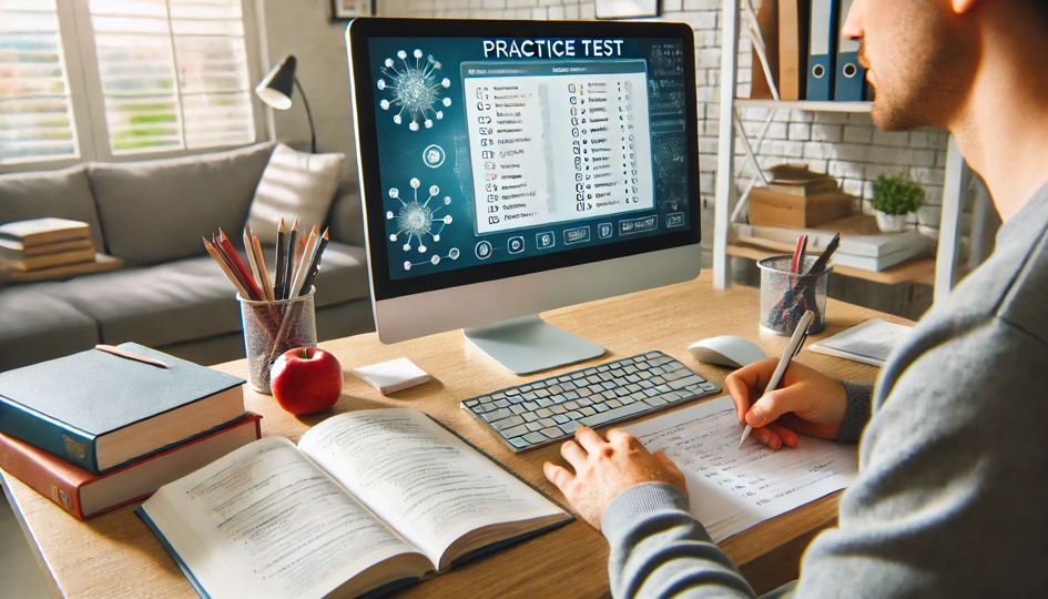 A person taking an ASVAB practice test on a computer, surrounded by study materials and notes.