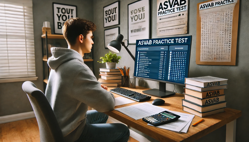 A student sitting at a desk with a computer displaying the ASVAB practice test