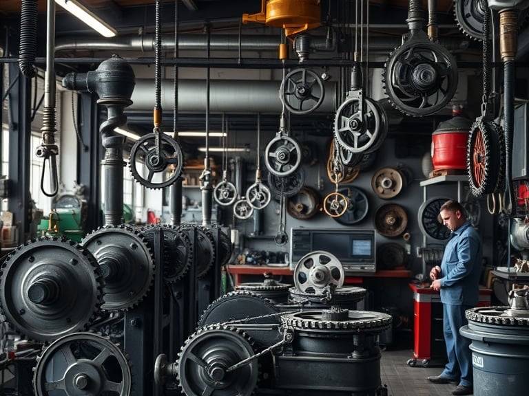 Image of a Llibra ASVAB mechanic surrounded by pulleys and gears